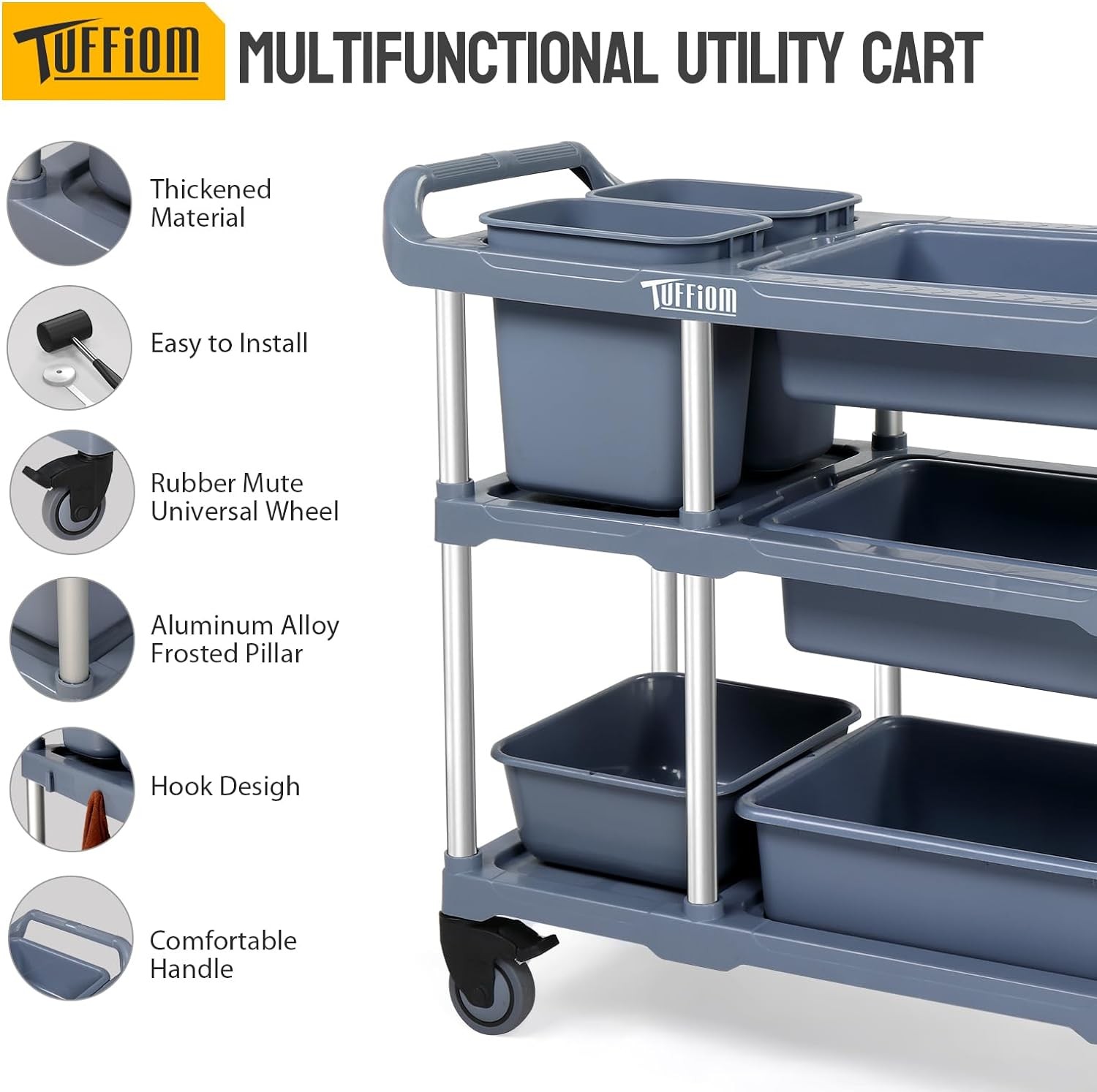 3-Tier Plastic Service Storage Utility Cart with Wheels and Large Storage Space