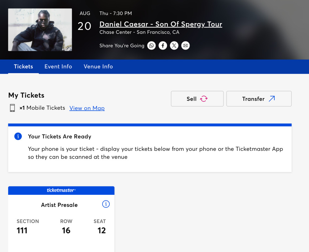 DANIEL CAESAR LOWER SECTION 8/20 CHASE CENTER SAN FRANCISCO TICKET