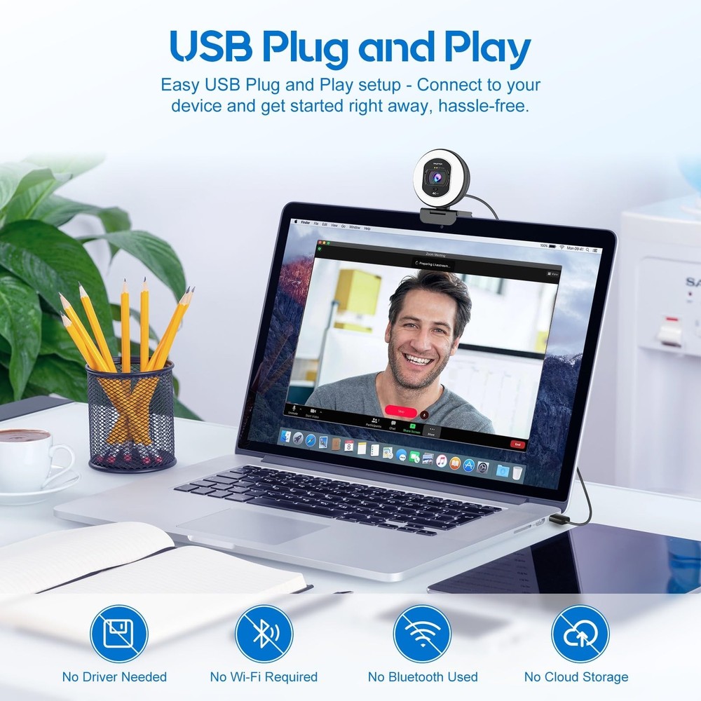 4K Webcam with Ring Light Web Cam 4K Autofocus with TOF Computer Camera 1080P...