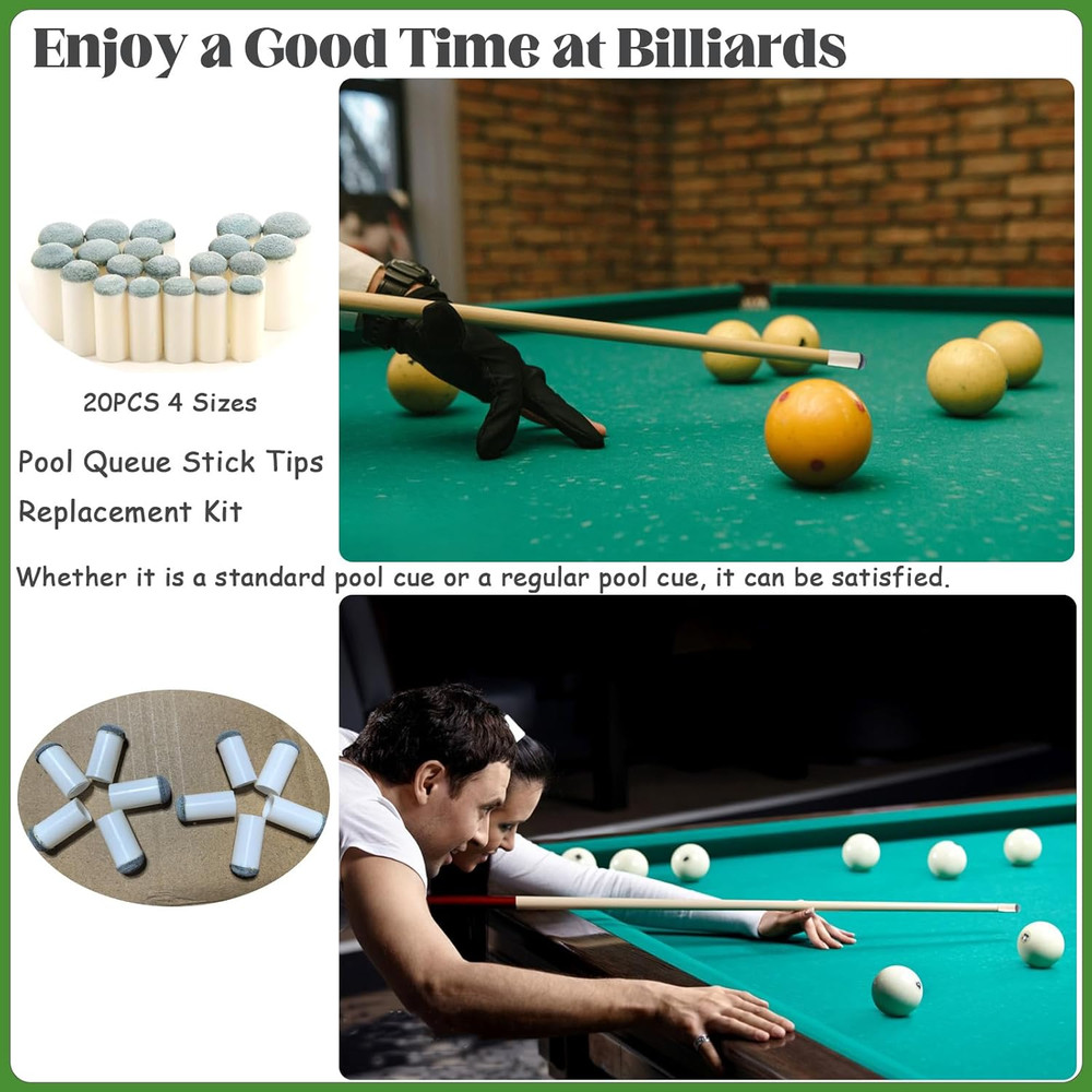 20Pcs Slip on Pool Cue Tips, 4 Sizes Pool Queue Stick Tips Replacement Kit, B...
