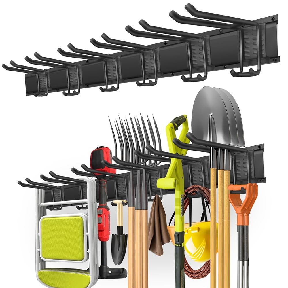 PIYILO Garage Tool Organizer Wall Mount 48 inch Double-Layer 6-Hook, Black