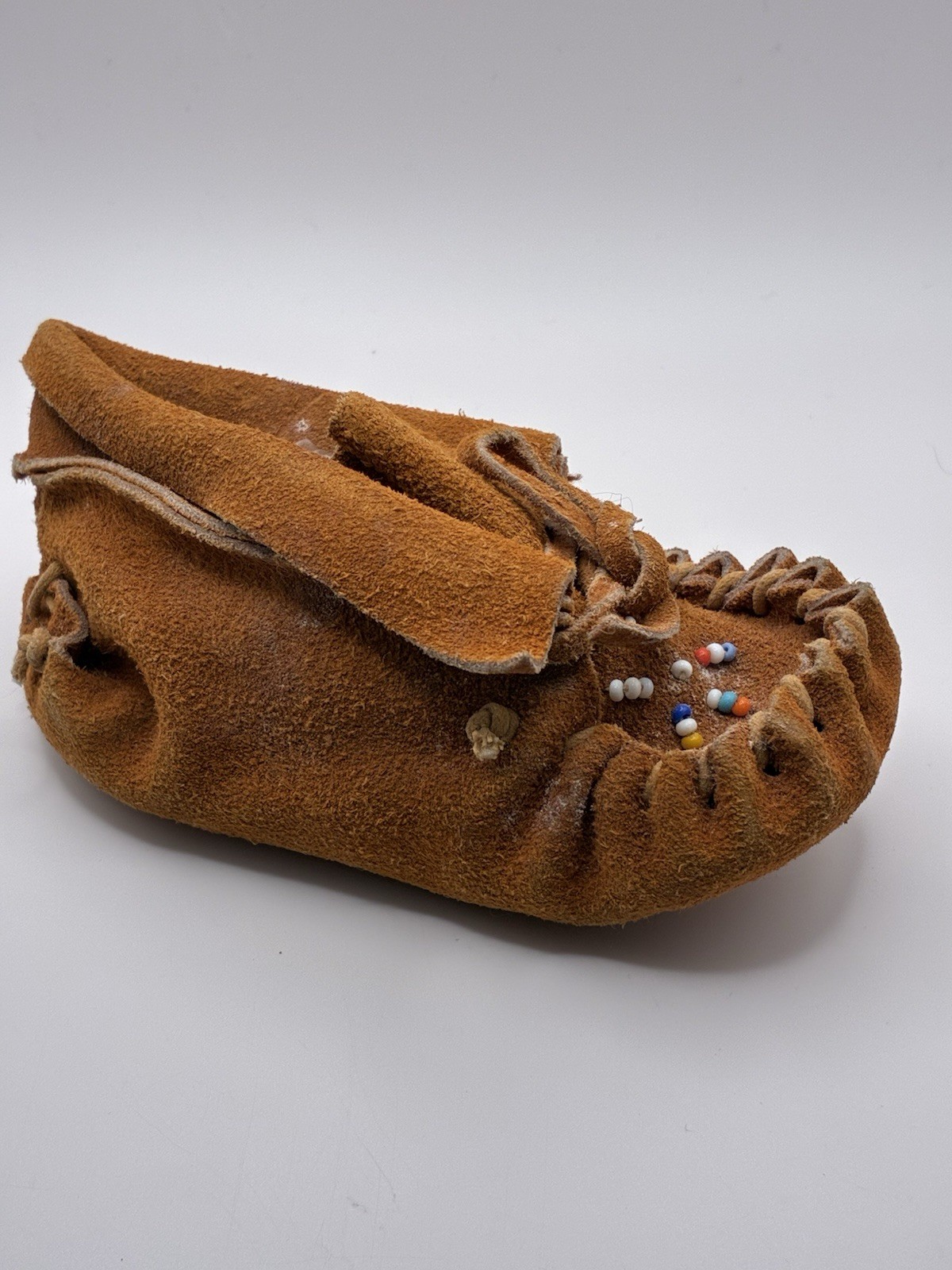 Antique 1960s–70s Handmade Suede Leather Beaded Moccasins Baby Toddler