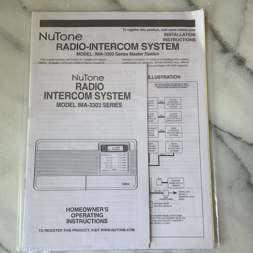 NuTone IMA-3303 Operating Instructions Owners Manual Radio Intercom Installation