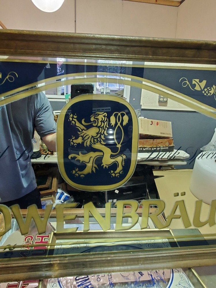 Lowenbrau Beer Mirror Lion Wood Framed Rectangular