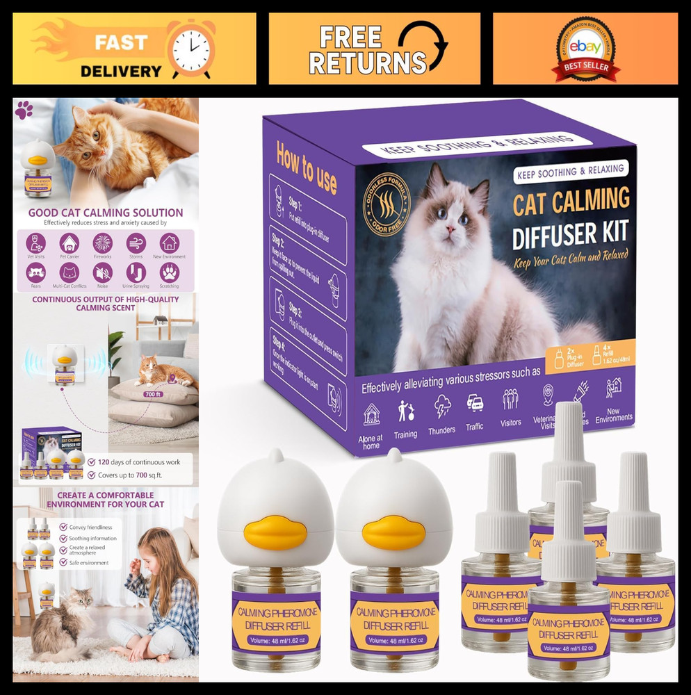 Cat Calming Diffuser Kit - 2 Plug-Ins & 4 Refills, Stress Relief for Multi Cats,