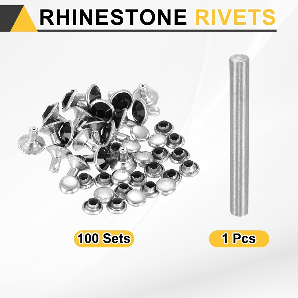 100pcs Crystal Rivets 8mm Rhinestone Stud with Installation Tool Silver Black