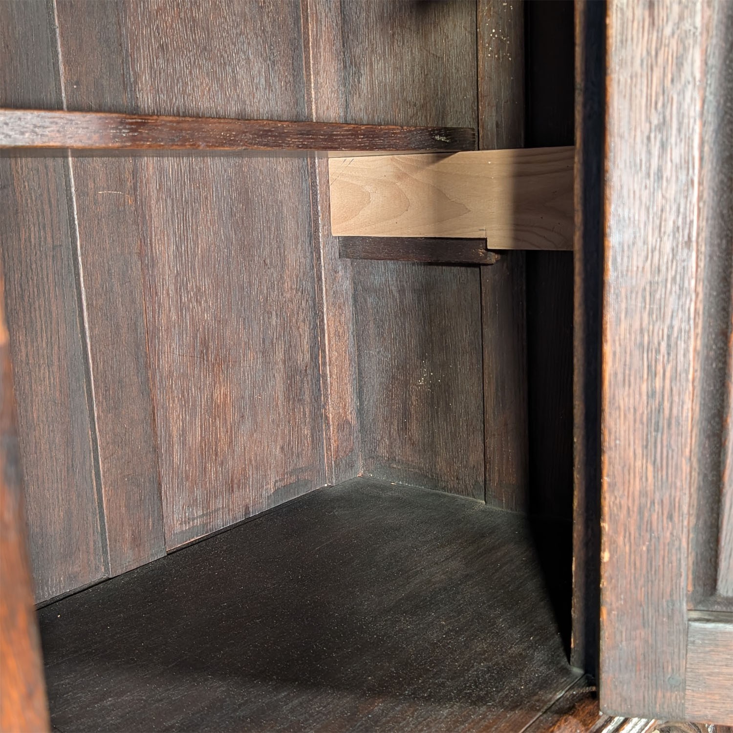 Antique French Gothic Carved Oak Cabinet Stand with Figural Panels Heraldic Door