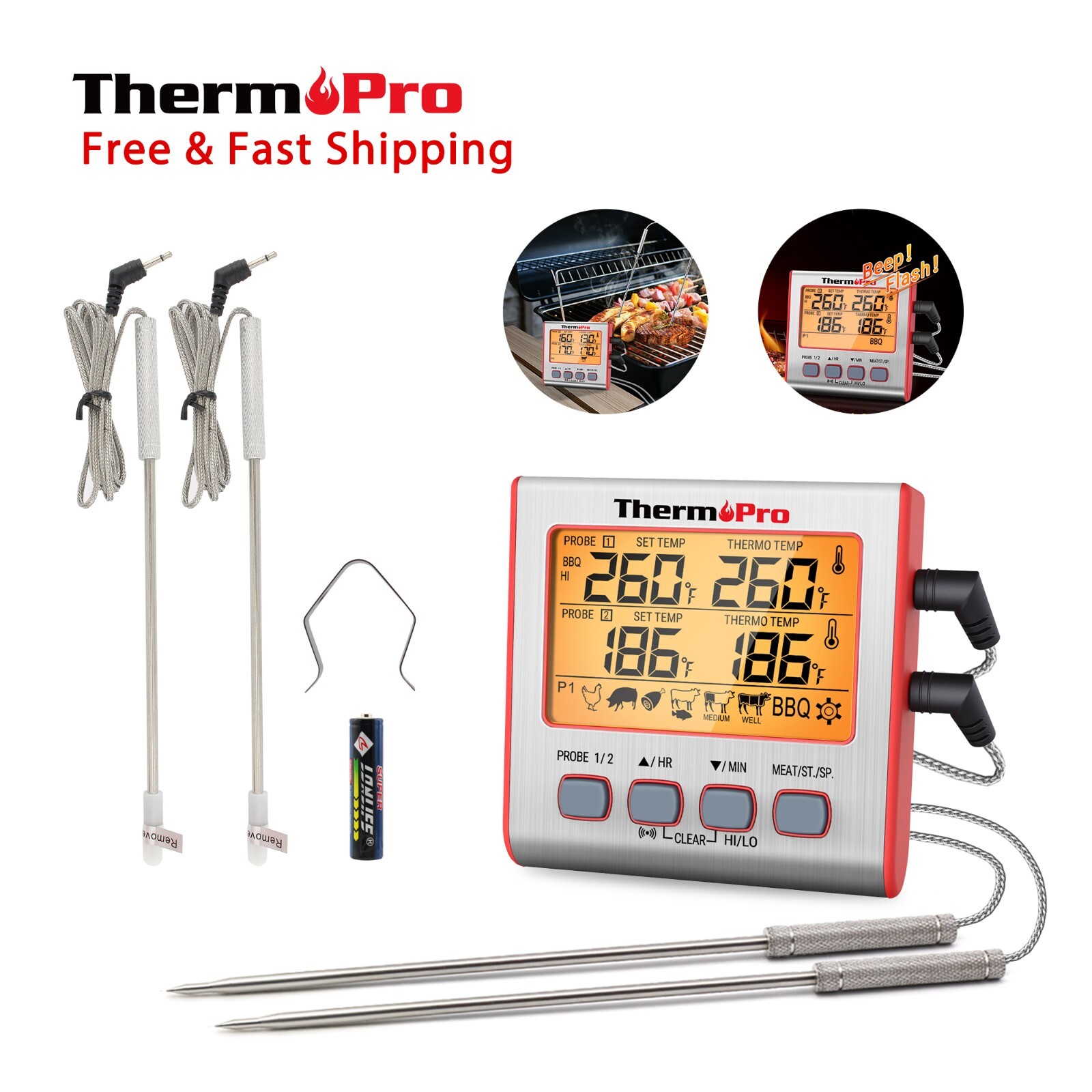 ThermoPro TP17W Thermometer Dual Probe Digital Cooking Grill Thermometer w/Timer