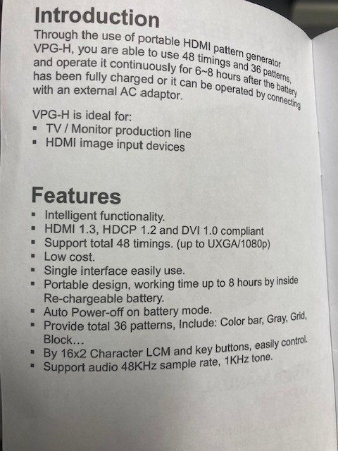 HDMI Video Pattern Generator MODEL VPG-H with manual and AC Adaptor.