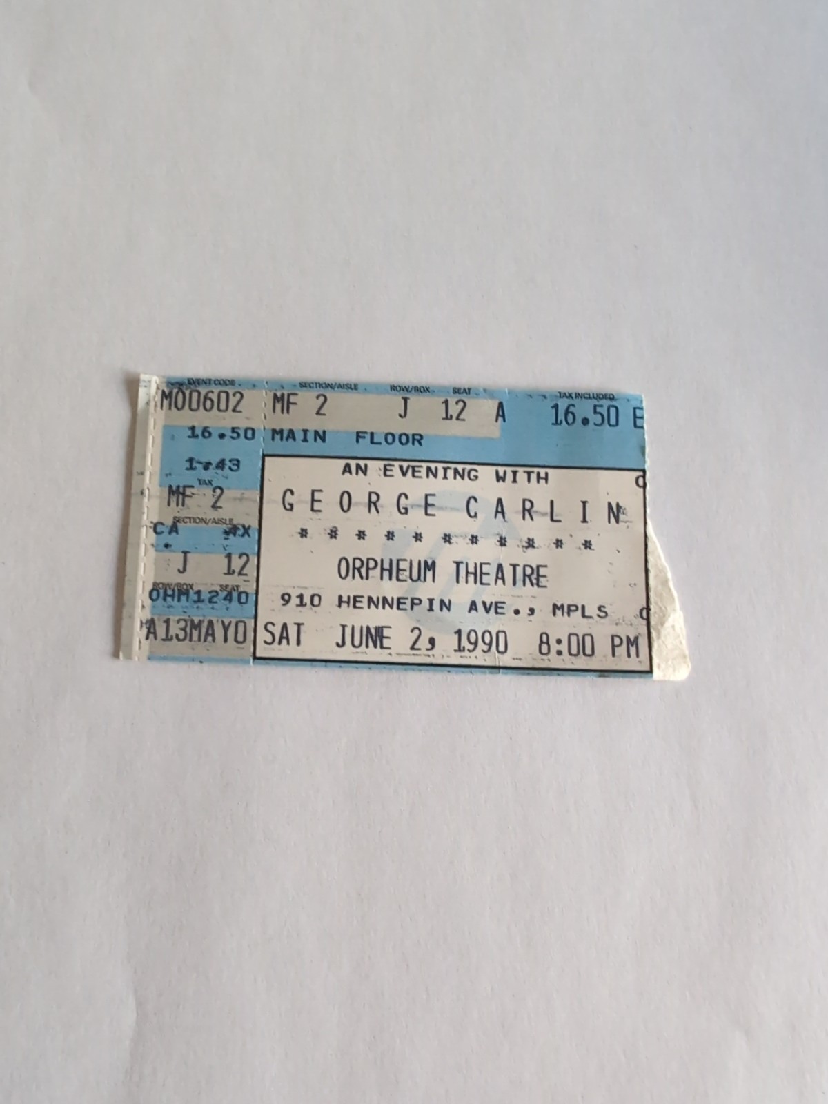 Jun 2, 1990 AN EVENING WITH GEORGE CARLIN STAND UP COMEDY TICKET STUB