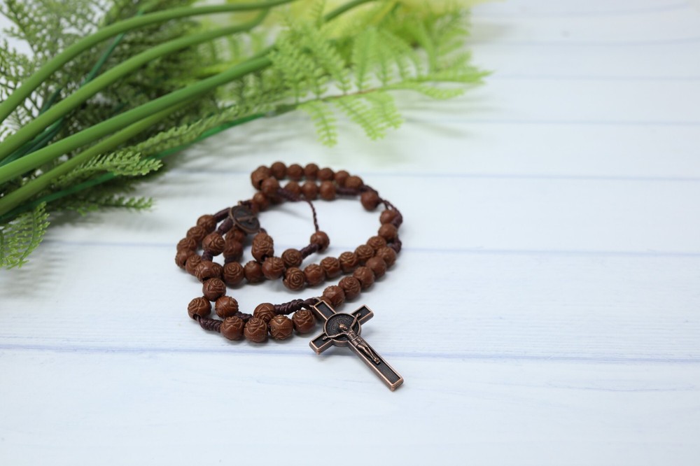 Rosebud Wood Bead Saint Benedict San Benito Centerpiece Standard 5 Decade Rosary