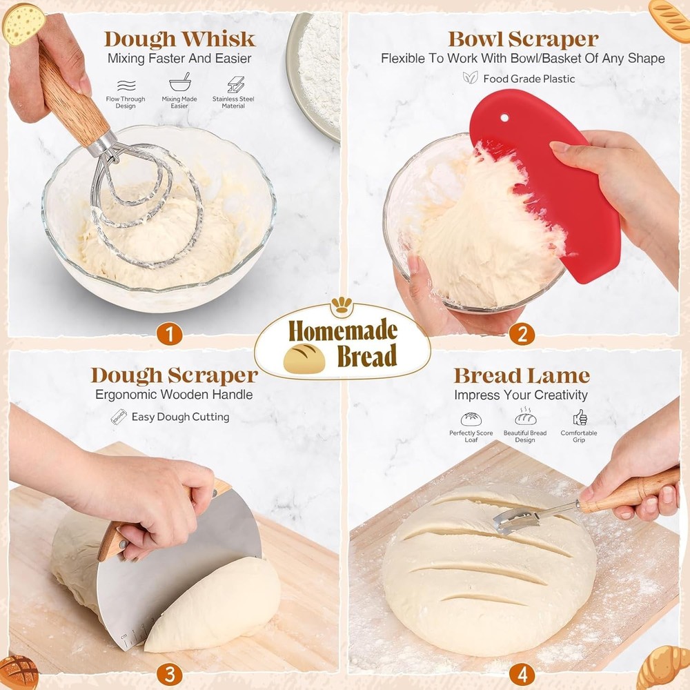 Sourdough Starter Kit with Rattan Proofing Baskets & Professional Tools Set