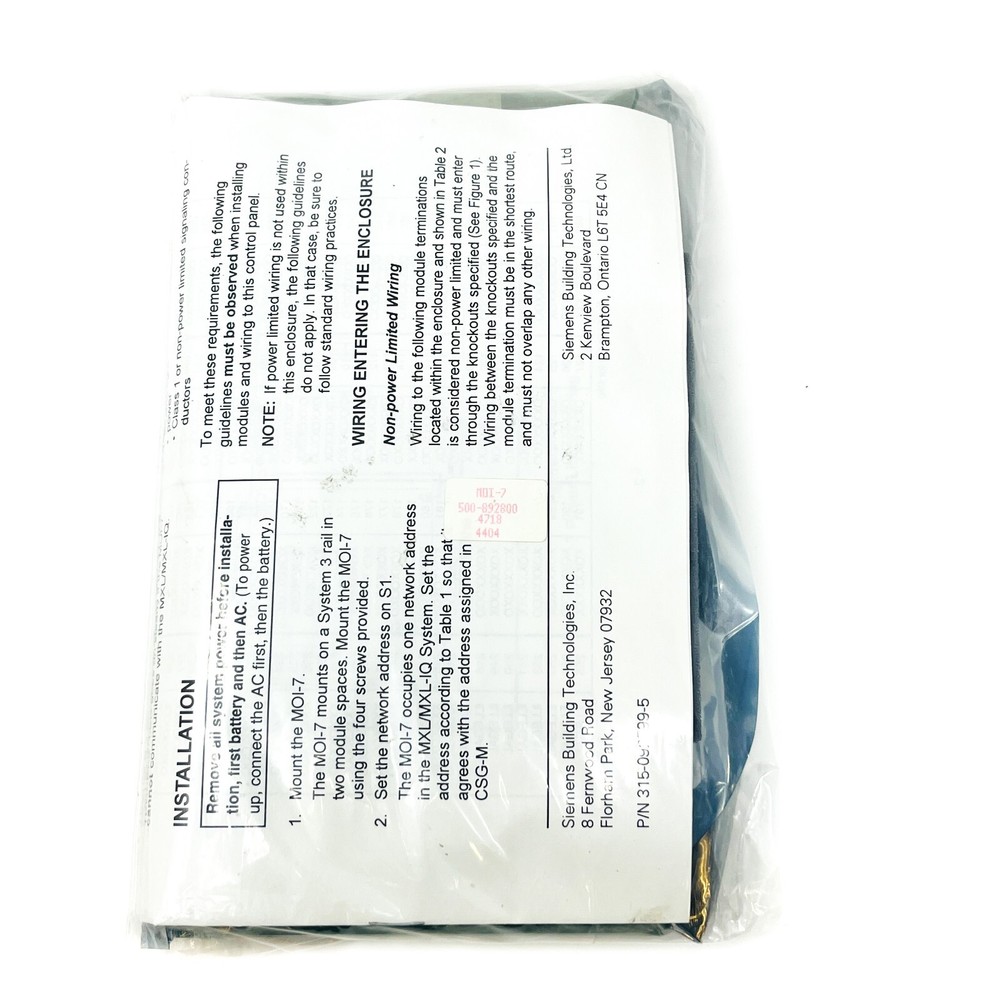 Siemens MOI-7 Cerberus Pyrotronics 500-892800 Network Input Output Module