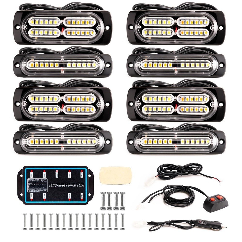 8-Pcs Sync Feature LED Emergency Strobe Lights Ultra Slim Grille Surface Mount