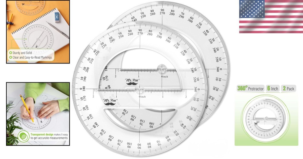 Math Geometry Protractor Set - 2 360-Degree Protractors in Clear Plastic