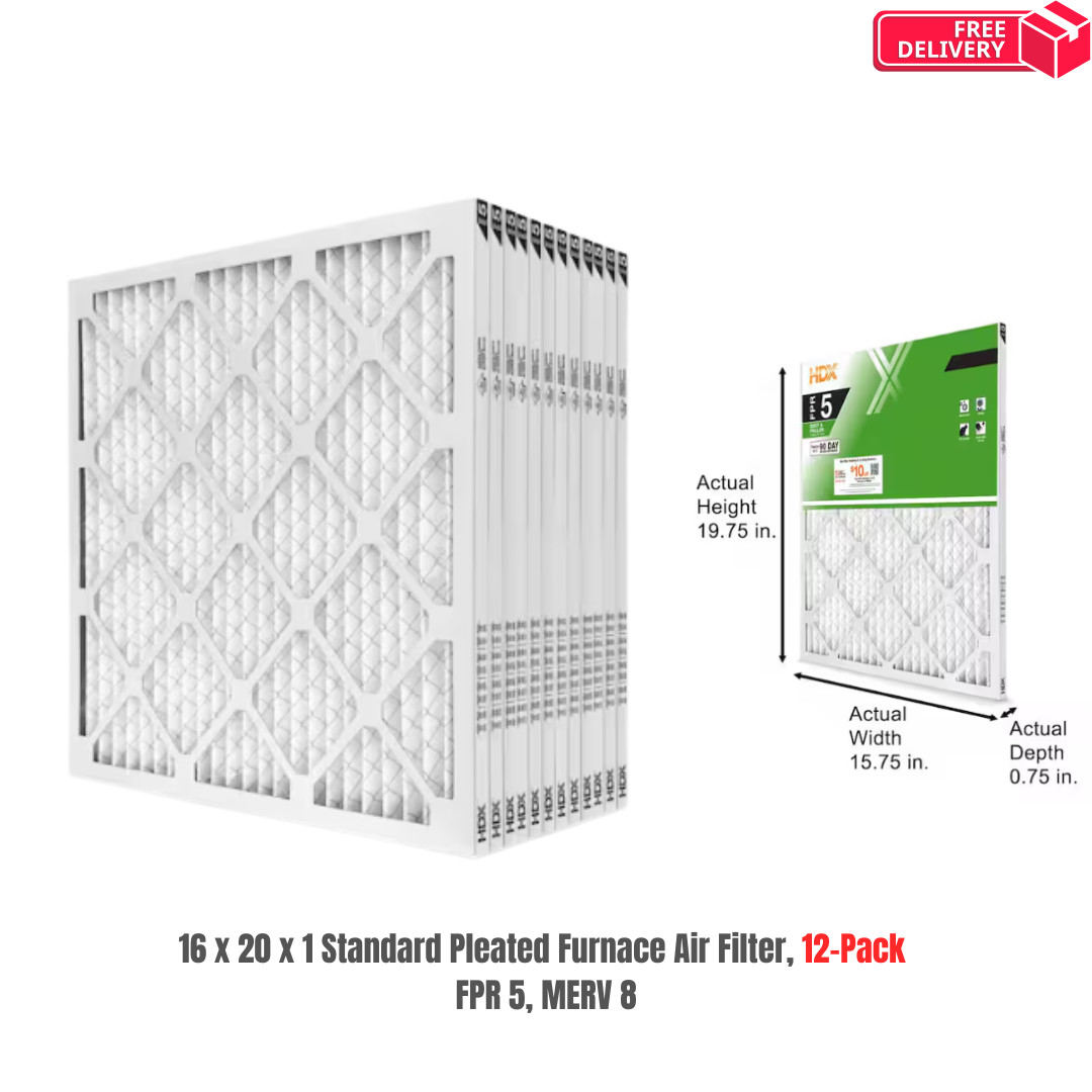 16 x 20 x 1 Standard Pleated Air Filter FPR 5, 12-Pack, Air Filters Replacement