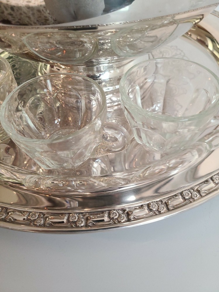 ONEIDA SILVERSMITHS Silverplate Tray & Punch Bowl With 10 glasses & Dipper