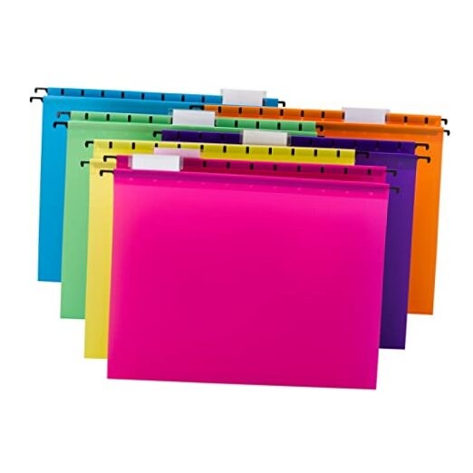 Poly Plastic Hanging File Folders for Documents with Tabs, Bright Colors