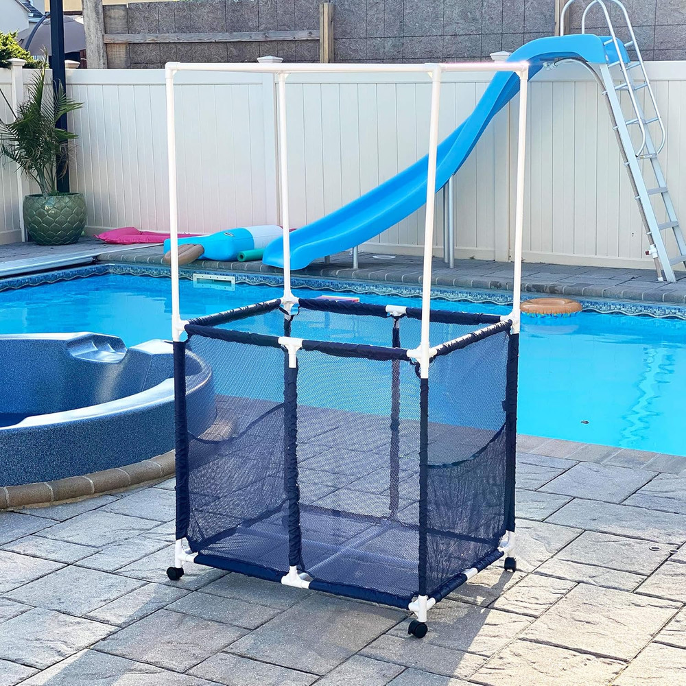 Pool Equipment Holder with Towel Drying Bars, Mesh Rolling Pool Storage Organize