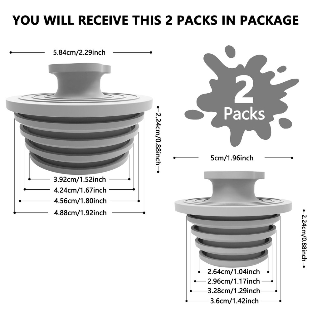Bathtub Drain Stopper - 2 Pack Silicone Universal Shower large+small, Gray