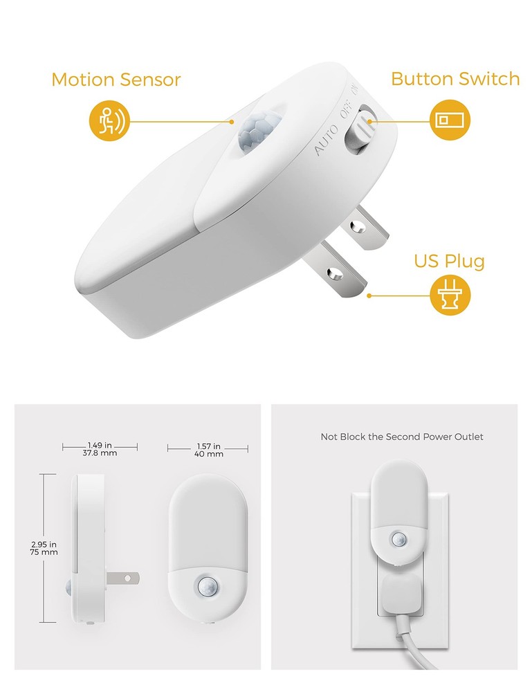 Motion Sensor Night Light 2Pack Plug Wall 3000K Warm White Bathroom Bedroom