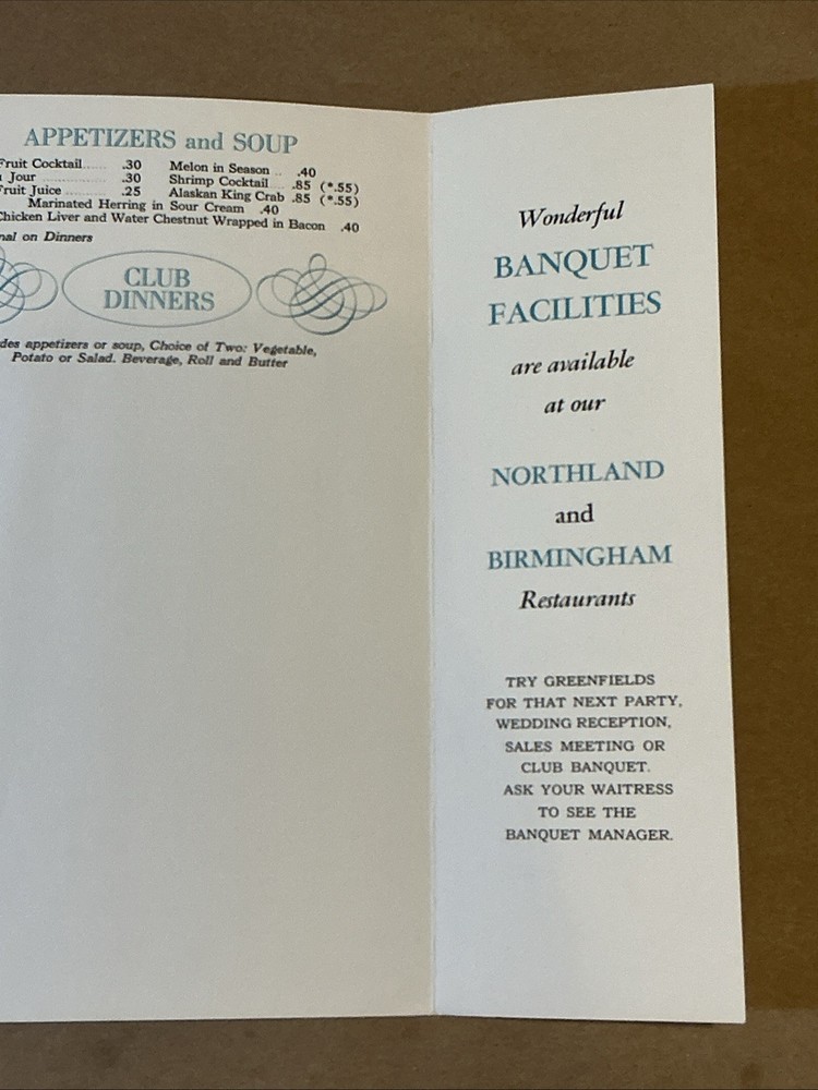 Vintage Greenfields Restaurant Menu INV-P0594