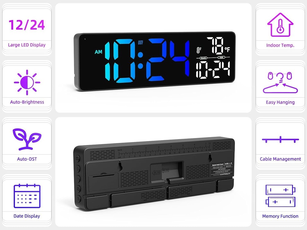 Large LED Digital Wall Clock W/ Date Temperature Auto-Brightness Auto-DST