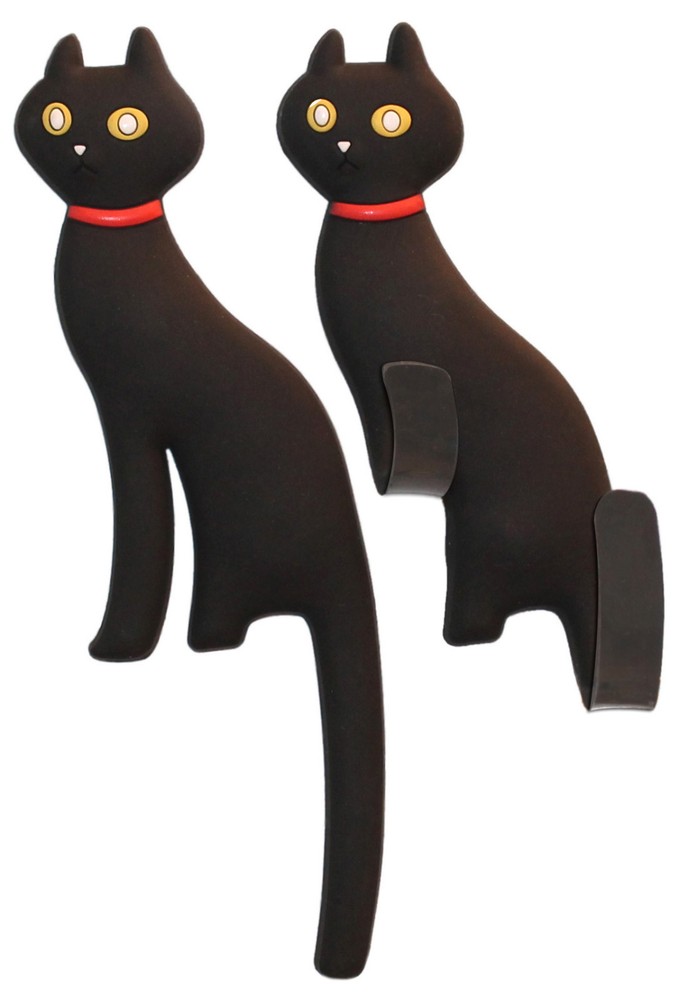 Black Cat Refrigerator Magnet Hooks - 2 pcs Kitty w/ Bendable Leg & Tail Hooks