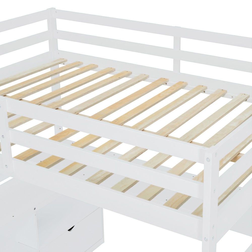 Full Loft Bed w/ Desk & Storage - White - Sturdy Pine Frame