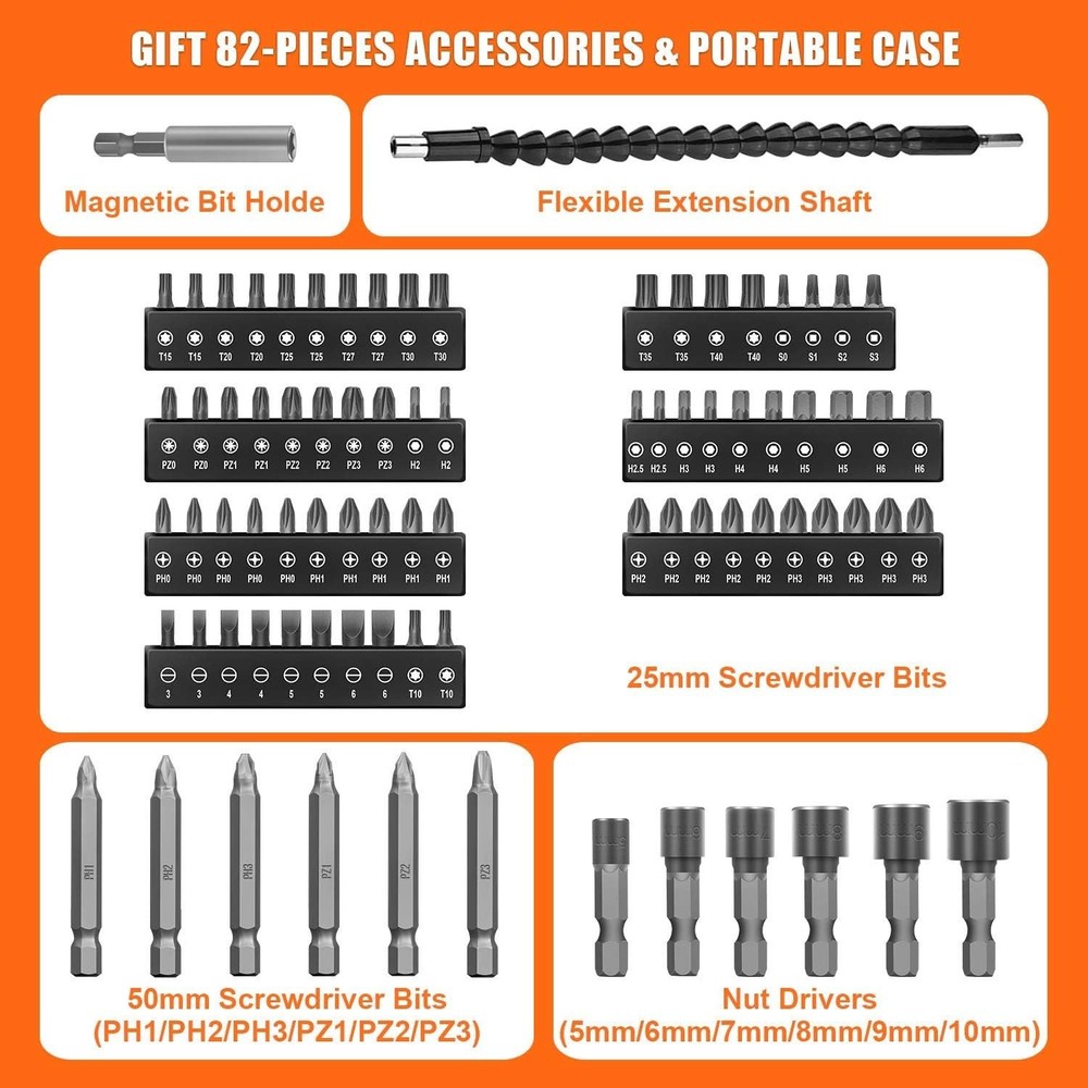 Lightweight 8V Cordless Screwdriver Set with LED Light & 82pcs Accessory Kit