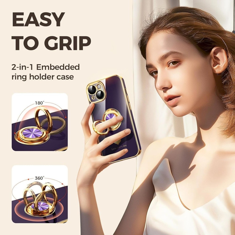 iPhone 13 Case with 2 Pack Screen Protector, 360° Rotatable Ring Holder - Purple