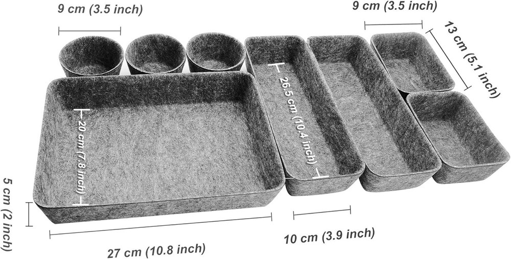8pcs Drawer Organizers, Separators, Storage Box ,Felt Bins Grey