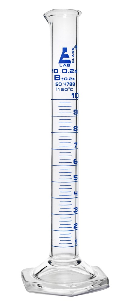 Eisco Labs 10ml Graduated Cylinder, Class B - Blue Graduations, Hexagonal Base
