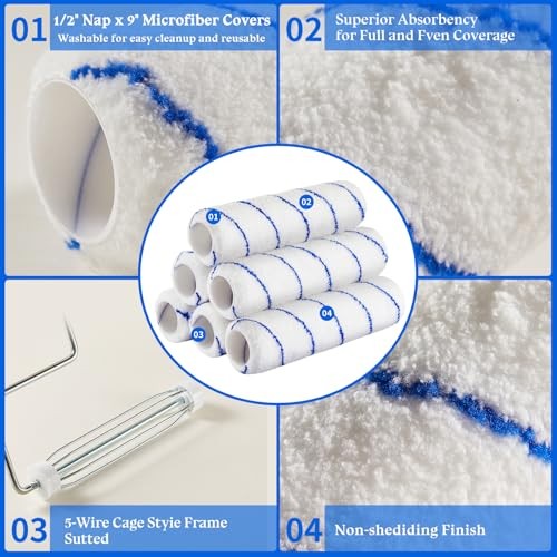 7pcs House Paint Roller Kit, Gesenwin 9 Inch Extendable Roller Frame with 6