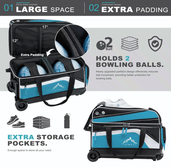 Double Roller 2-Ball Bowling Bag (with Shoe Compartment & Retractable Handle)