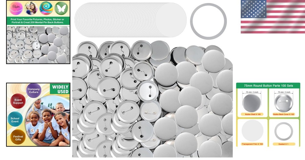 75mm Button Maker Supplies - 100 Sets for Creative Custom Badge Projects