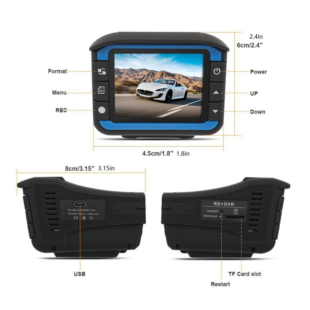 Car Multifunctional Dash Cam DVR with Full Frequency Radar Detector 2.0" Display