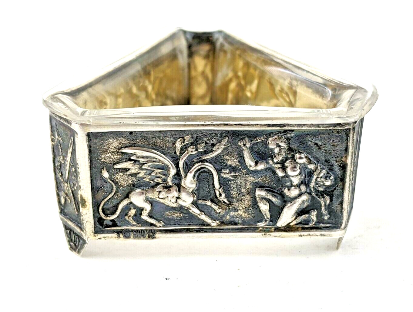 800 Silver Antique Germany Figural Mythology Glass Lined Salt Cellars RARE Pair