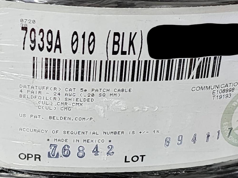 Belden 7939A 24/4P CAT5e F/UTP DataTuff Bonded Patch Cable CMX/CMR Black /25ft