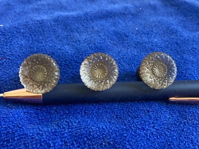 3 Small Vintage Pressed Glass & Brass Drawer Cabinet Pulls Knobs