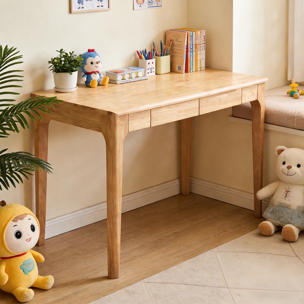 Modern Solid Wood Writing Desk with 2 Drawers, Compact Office Desk