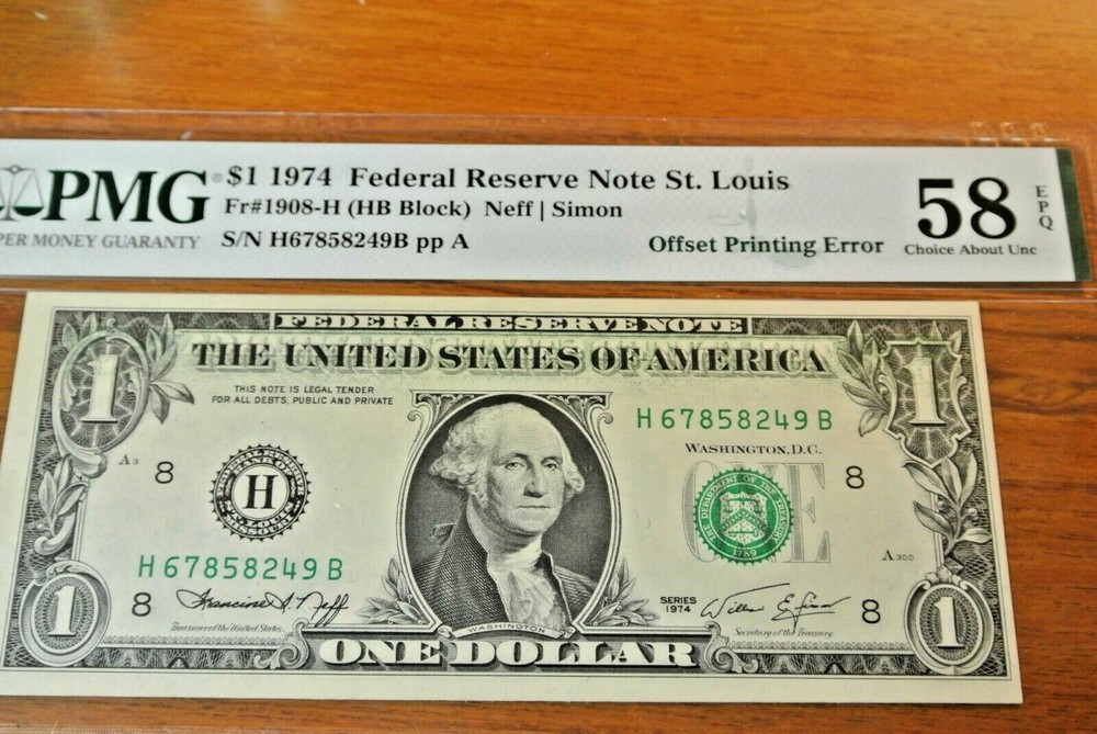 1974 Federal Reserve Note 1 one dollar offset print error ST. LOUIS