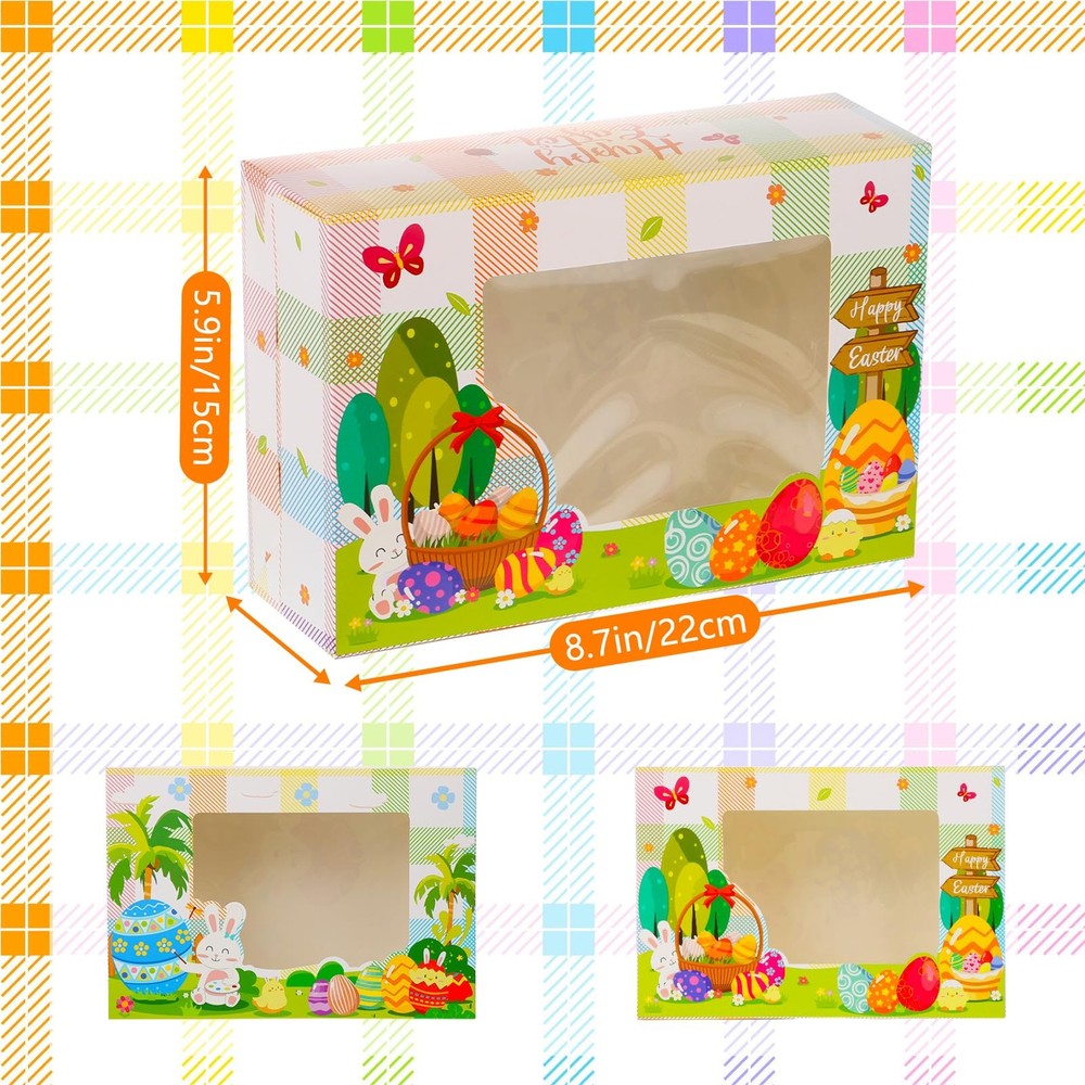 24Pcs Easter Cookie Boxes with Window, Easter Buffalo Plaid Cute Bunny Egg Co...