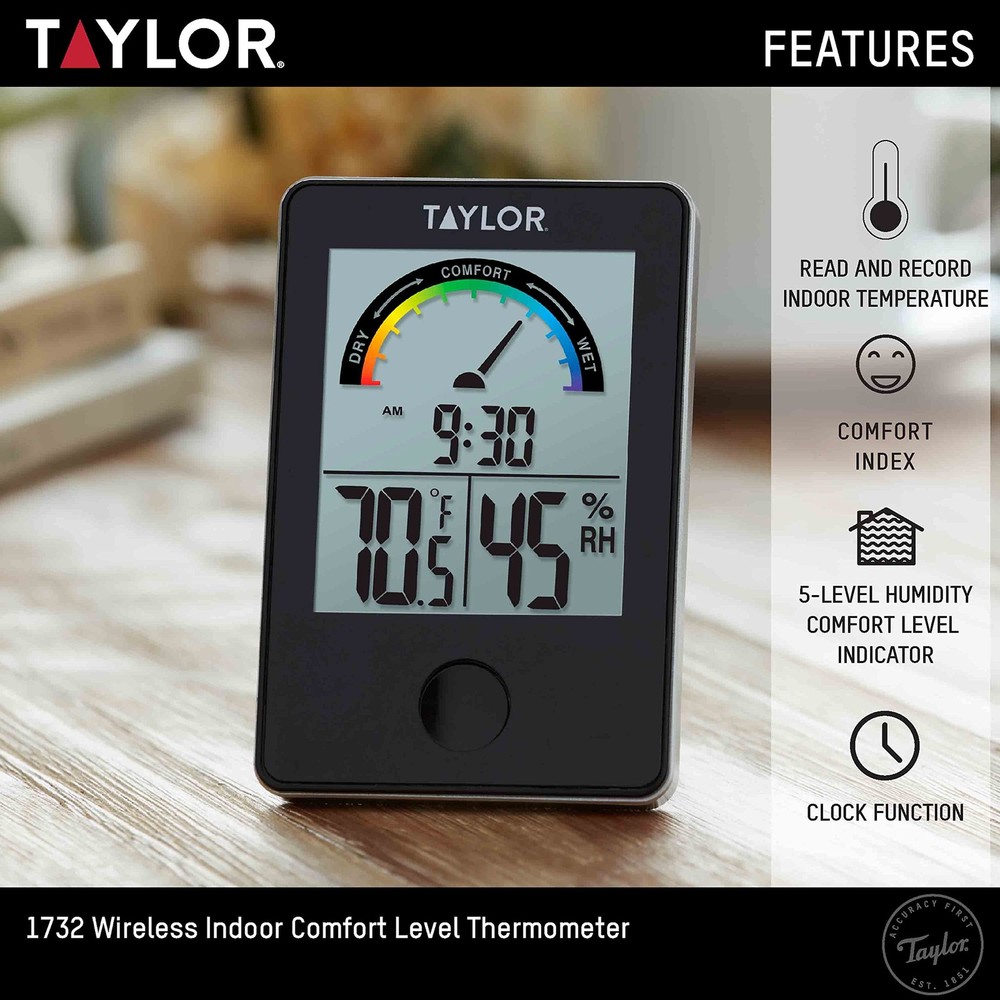 Taylor Digital Wireless Indoor Comfort Level Single Display, Black