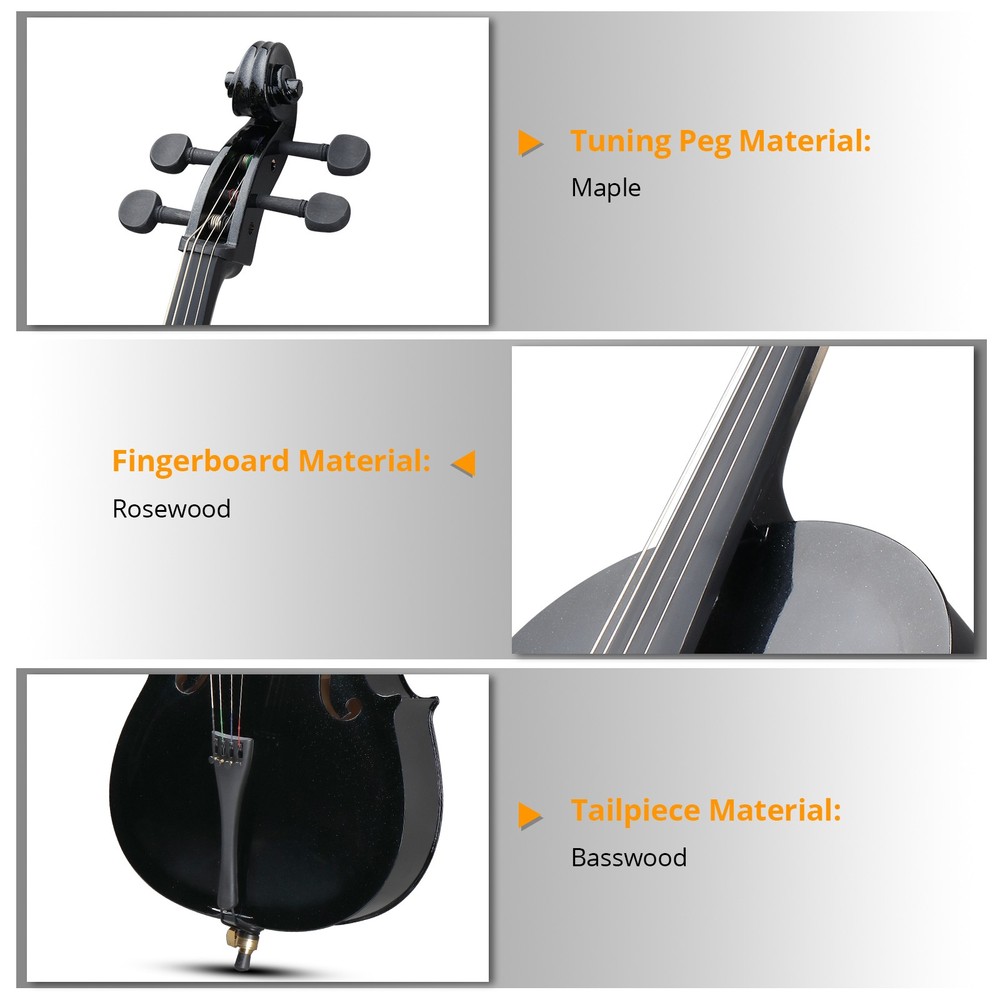 3/4 Size Acoustic Cello, Solid Wood with Case, Bow, Bridge, Rosin, Strings Set