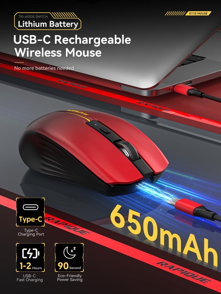Bluetooth Wireless Mouse - (BT1/BT2+USB) Tri-Mode High Performance, Rechargea...