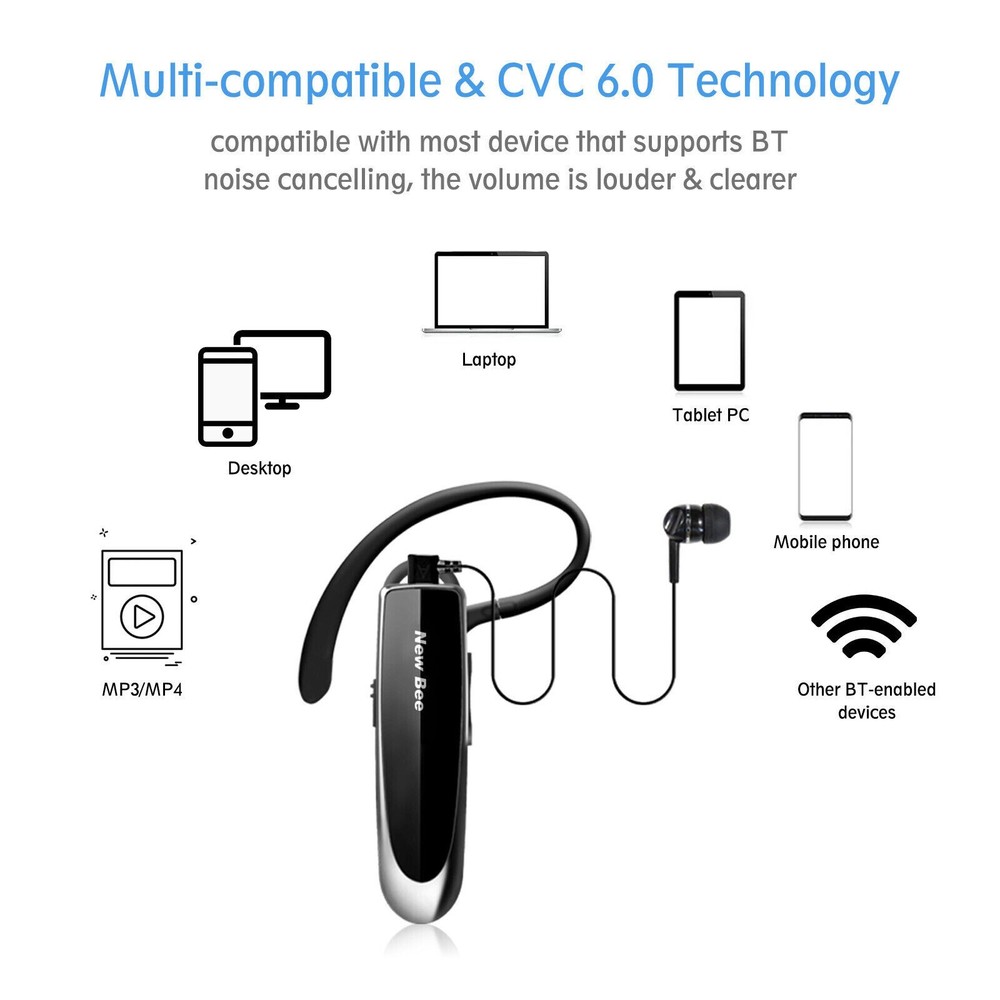 New Bee Bluetooth Wireless Handsfree Headset for iPhone Android Samsung Laptop