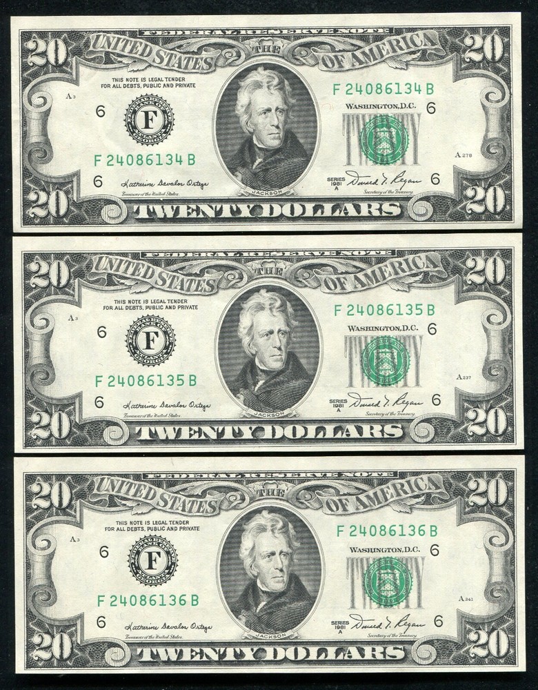 (3) CONSECUTIVE 1981-A $20 FRN’S “OVERINKING ON FACE ERROR” ABOUT UNC