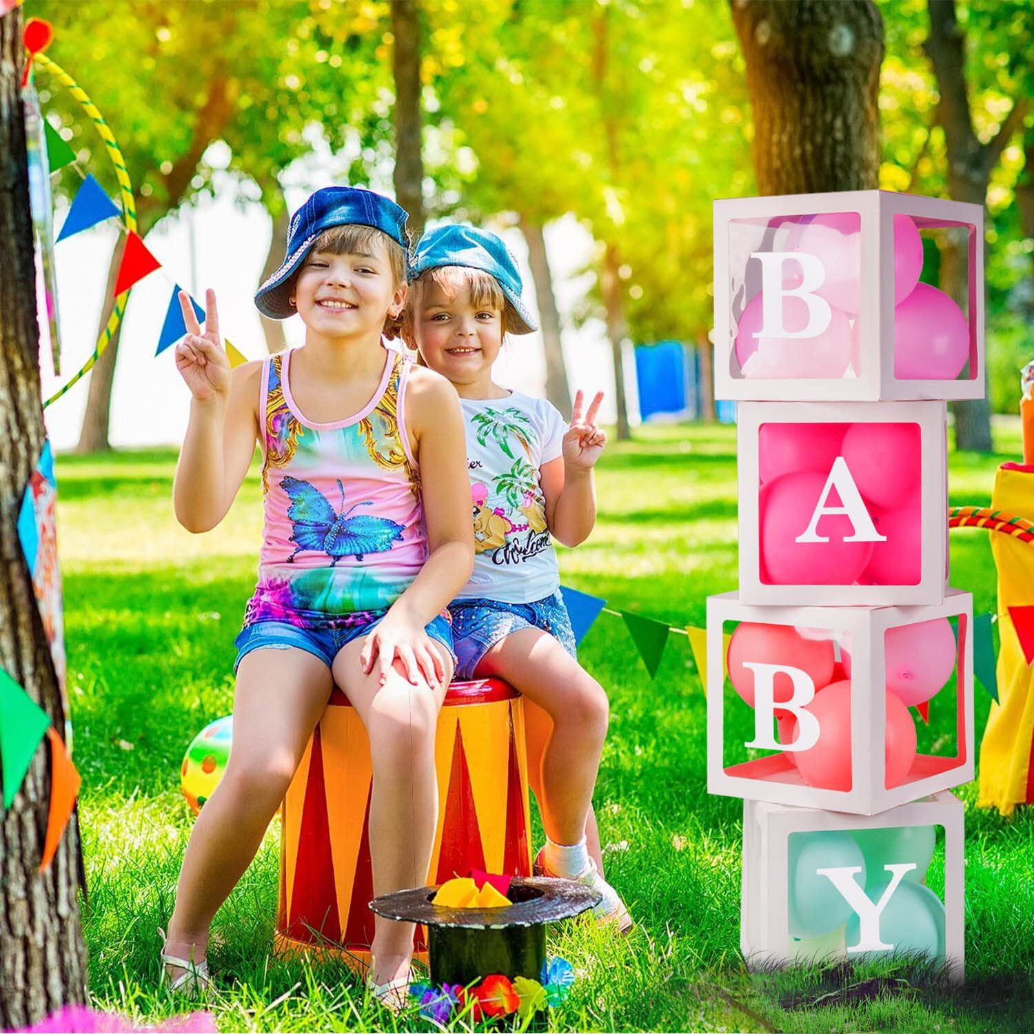 PABUES Baby Boxes with 4 PCS Letters for Baby Shower White Clear Balloon Box ...