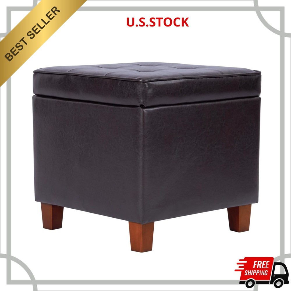 NEW Leatherette Tufted Square Storage Ottoman Hinged Lid Small Brown